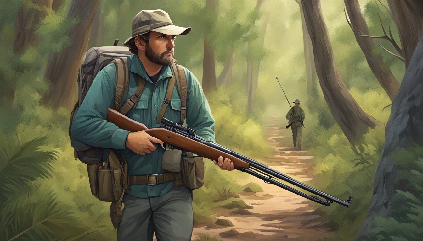 A hunter trekking through a dense Texas forest, rifle slung over shoulder, with a cautious eye on the surrounding wildlife