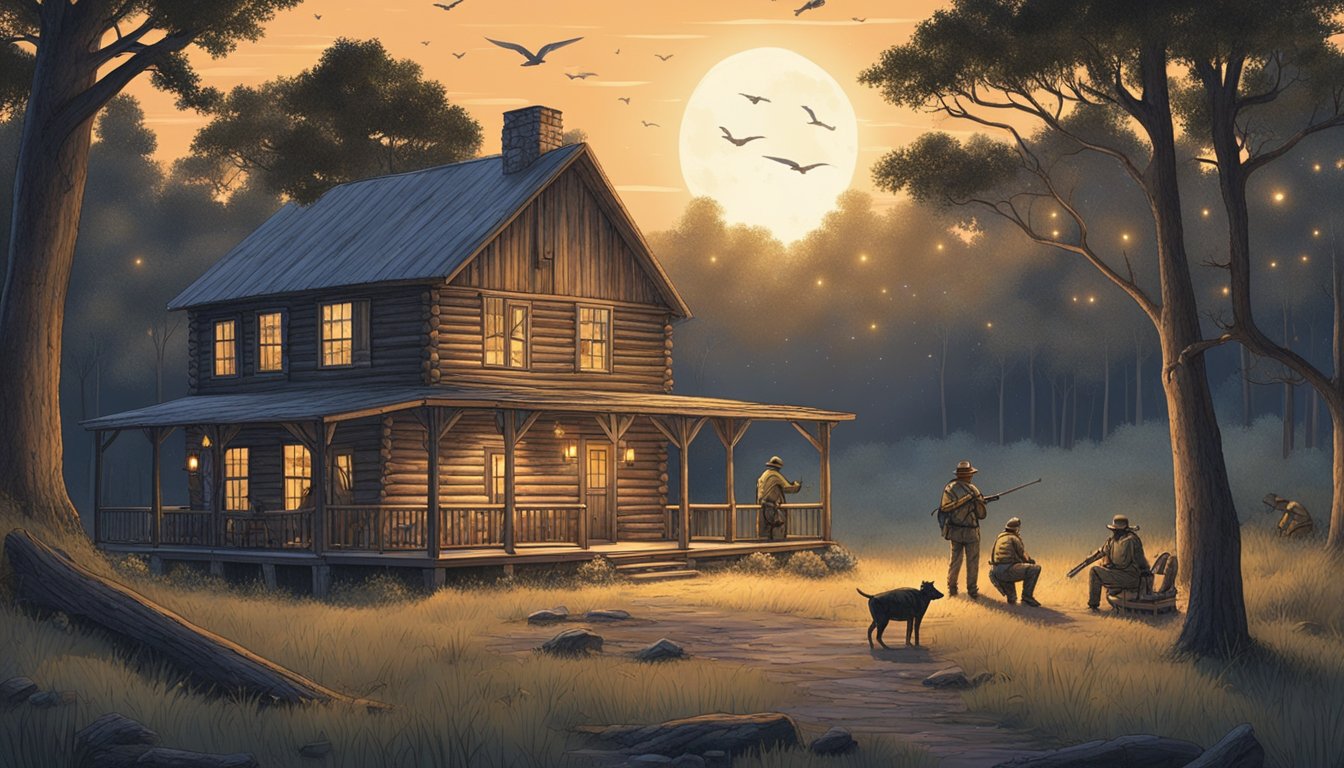 A rustic Texas hunting lodge nestled in the wilderness, surrounded by rolling hills and dense forest. A group of hunters gather around a crackling campfire, exchanging stories under the starry night sky