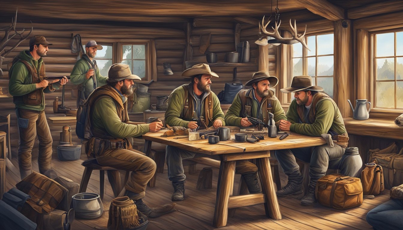 A group of hunters gather around a rustic lodge in the Texas wilderness, preparing their gear and discussing their upcoming hunting trip