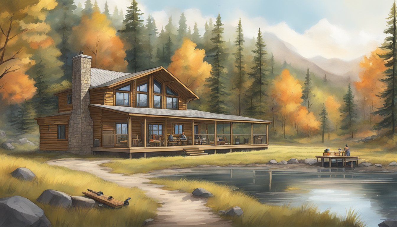 The lodge features a spacious outdoor area with hunting gear and a shooting range. A guide leads a group on a nature hike through the surrounding wilderness