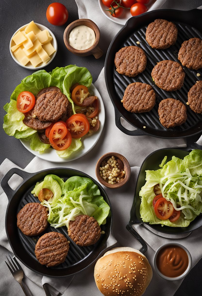 A sizzling skillet of seasoned ground beef patties with lettuce, tomato, and cheese, surrounded by low-carb buns and keto-friendly condiments