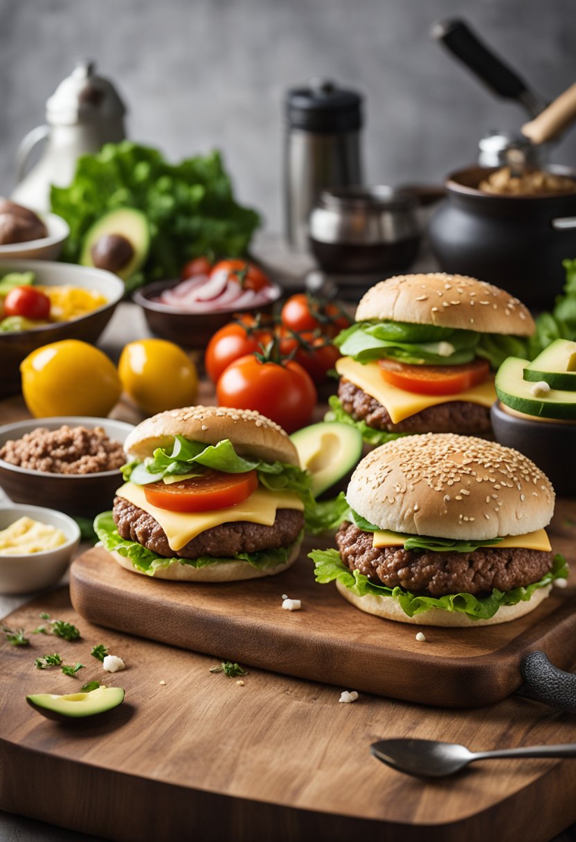 A kitchen counter with various ingredients for keto hamburger meat recipes: ground beef, lettuce, tomatoes, avocado, cheese, and low-carb buns