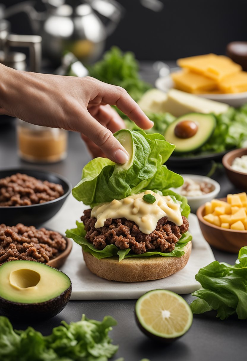 A hand reaching for ground beef, avocado, lettuce, and cheese on a kitchen counter