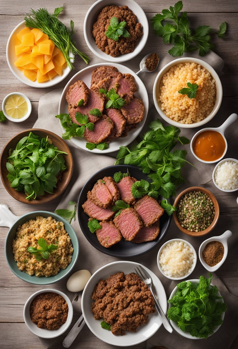 A variety of keto ground beef dishes arranged on a wooden table with fresh herbs and spices