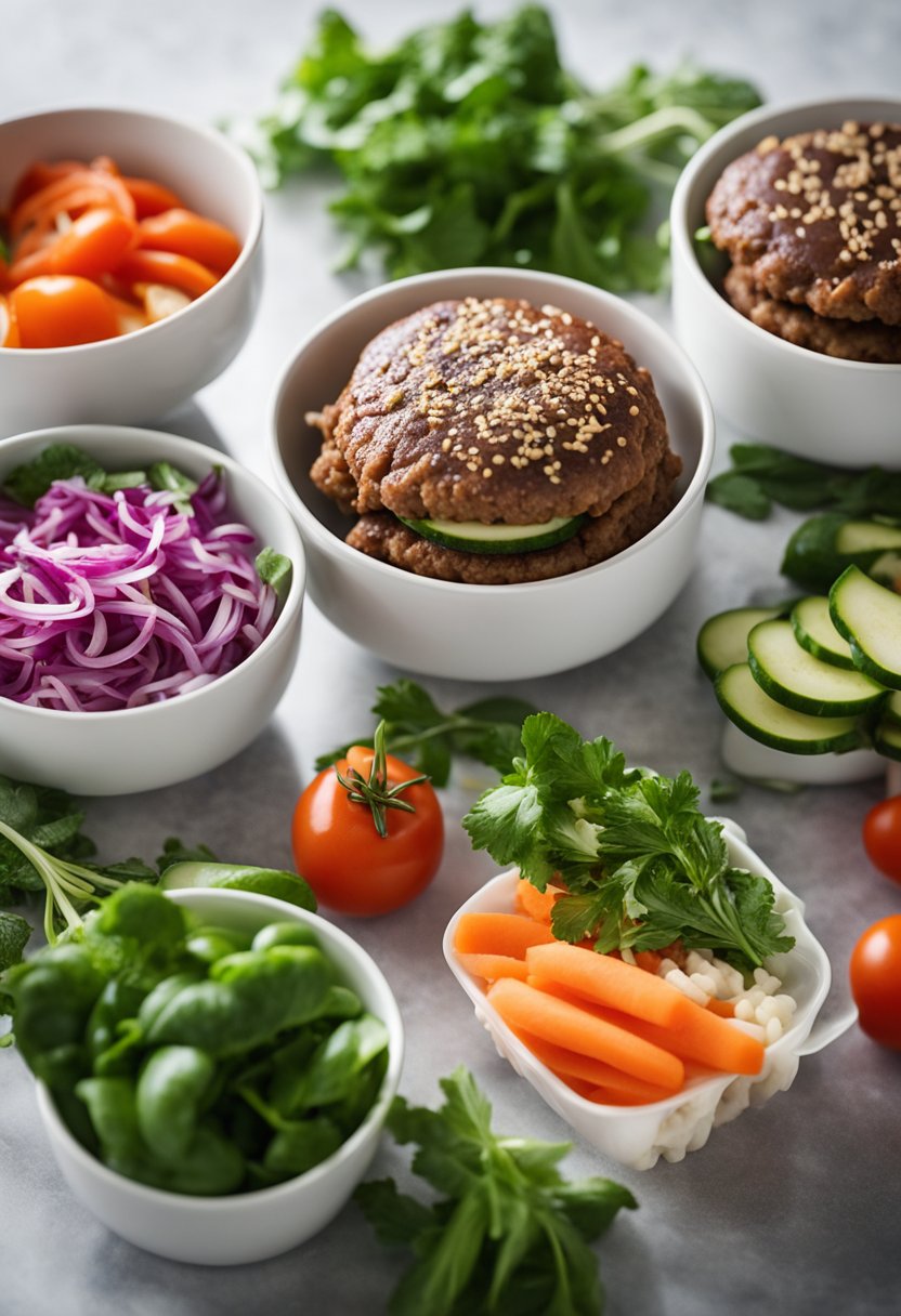 A kitchen counter with various containers of prepped keto hamburger meat, alongside fresh vegetables and herbs for meal prepping