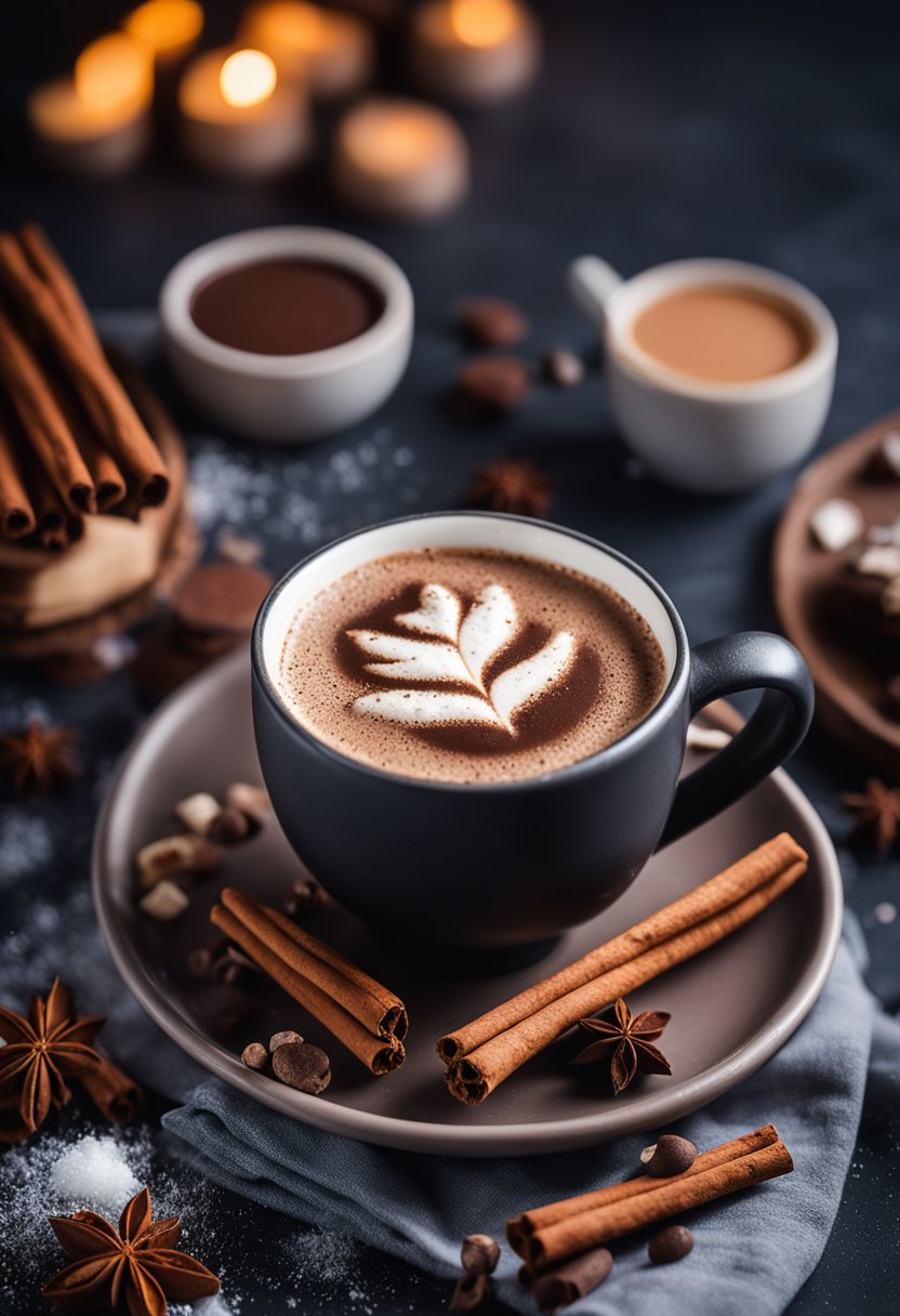 A steaming mug of keto hot chocolate surrounded by cinnamon sticks and a sprinkle of cocoa powder on a cozy winter table