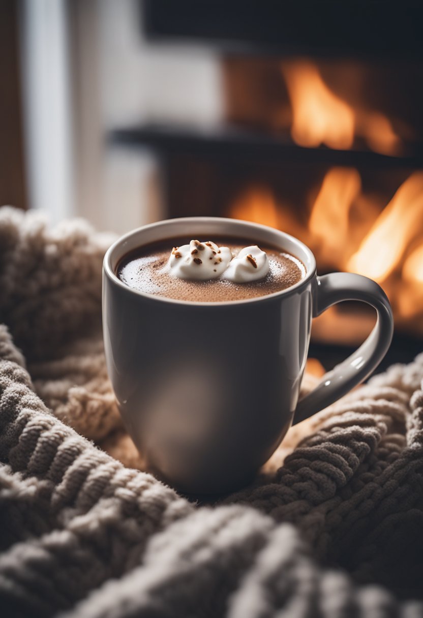 A steaming mug of keto hot chocolate surrounded by a cozy blanket, a crackling fireplace, and a snowy window view