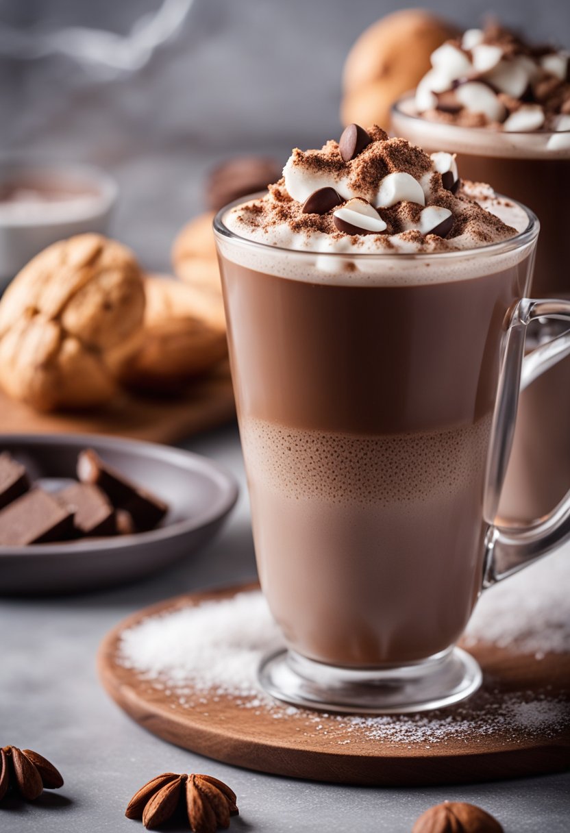 A steaming mug of keto hot chocolate surrounded by a spread of unsweetened cocoa powder, almond milk, and sugar-free sweetener