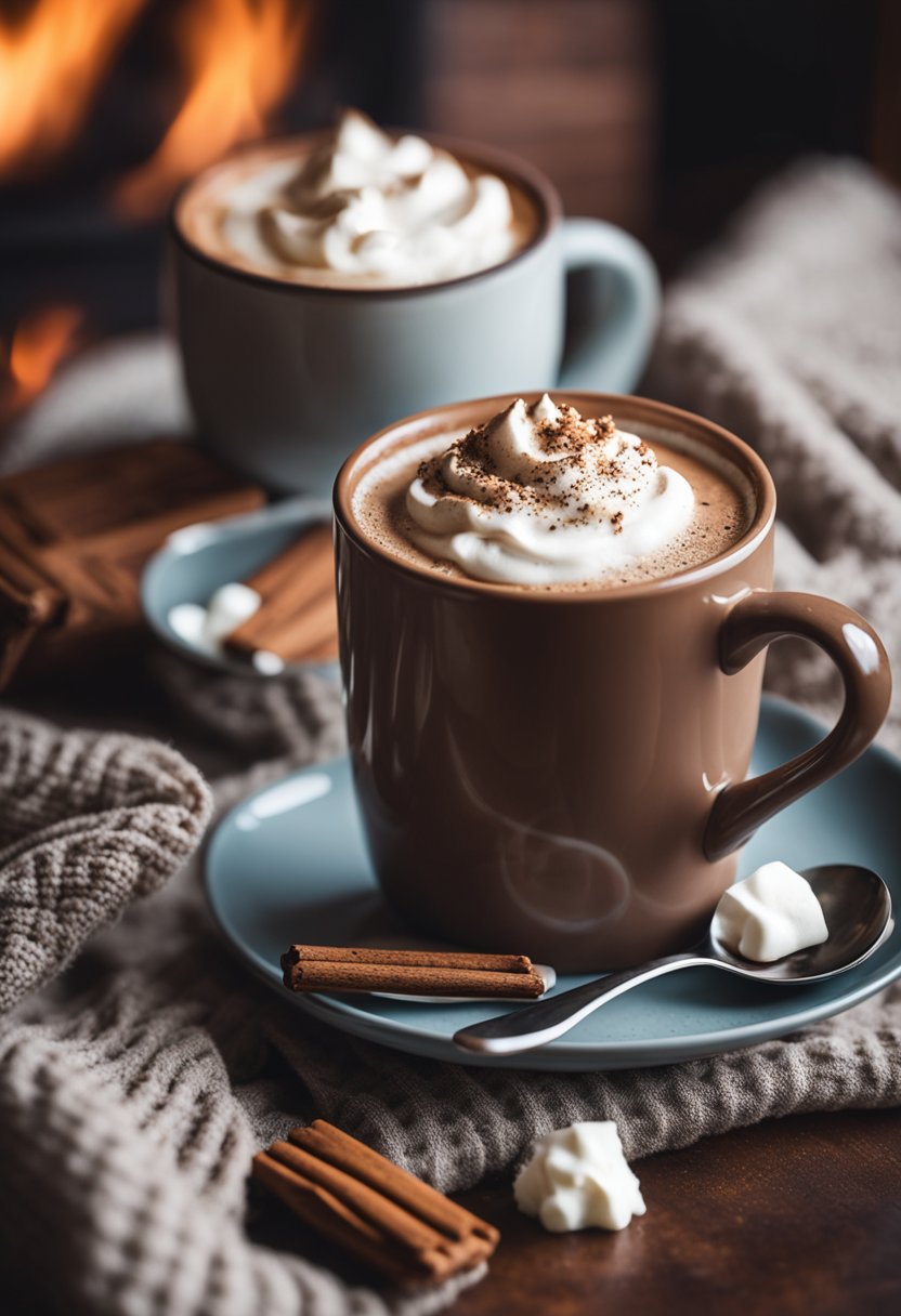 A steaming mug of keto hot chocolate surrounded by a cozy blanket, a crackling fireplace, and a plate of low-carb whipped cream