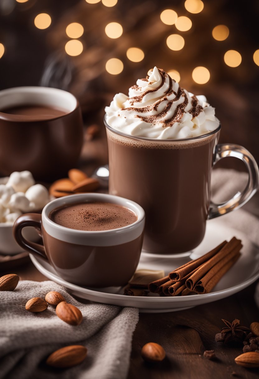 A steaming mug of keto hot chocolate surrounded by ingredients like cocoa powder, stevia, almond milk, and whipped cream, with a cozy blanket in the background