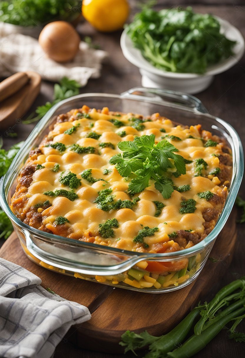 A keto hamburger casserole being baked in a glass casserole dish, surrounded by fresh vegetables and herbs on a wooden cutting board