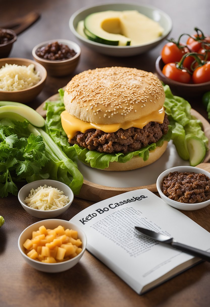 A keto hamburger casserole surrounded by fresh ingredients like ground beef, cheese, and low-carb vegetables, with a keto diet book in the background