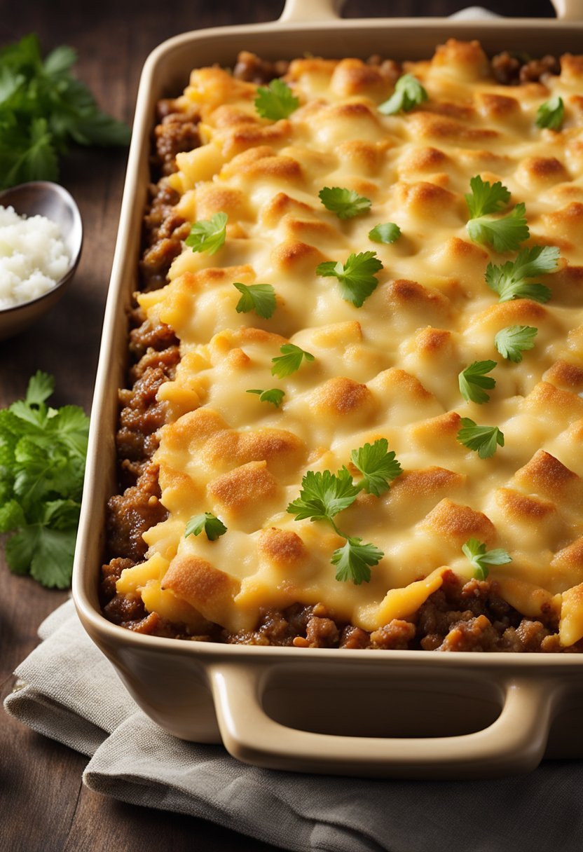 A bubbling casserole dish filled with layers of ground beef, cheese, and vegetables, topped with a golden, crispy crust