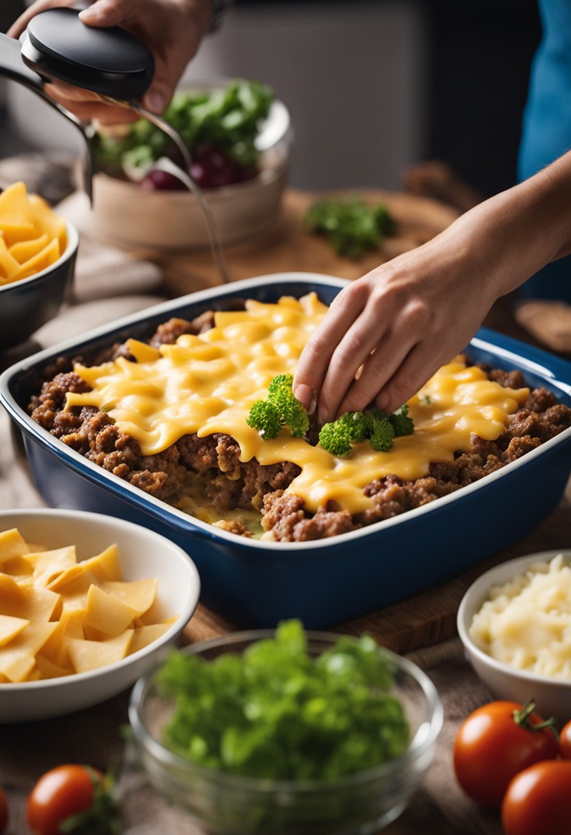 A person preparing keto hamburger casserole in a casserole dish, layering ground beef, cheese, and low-carb vegetables