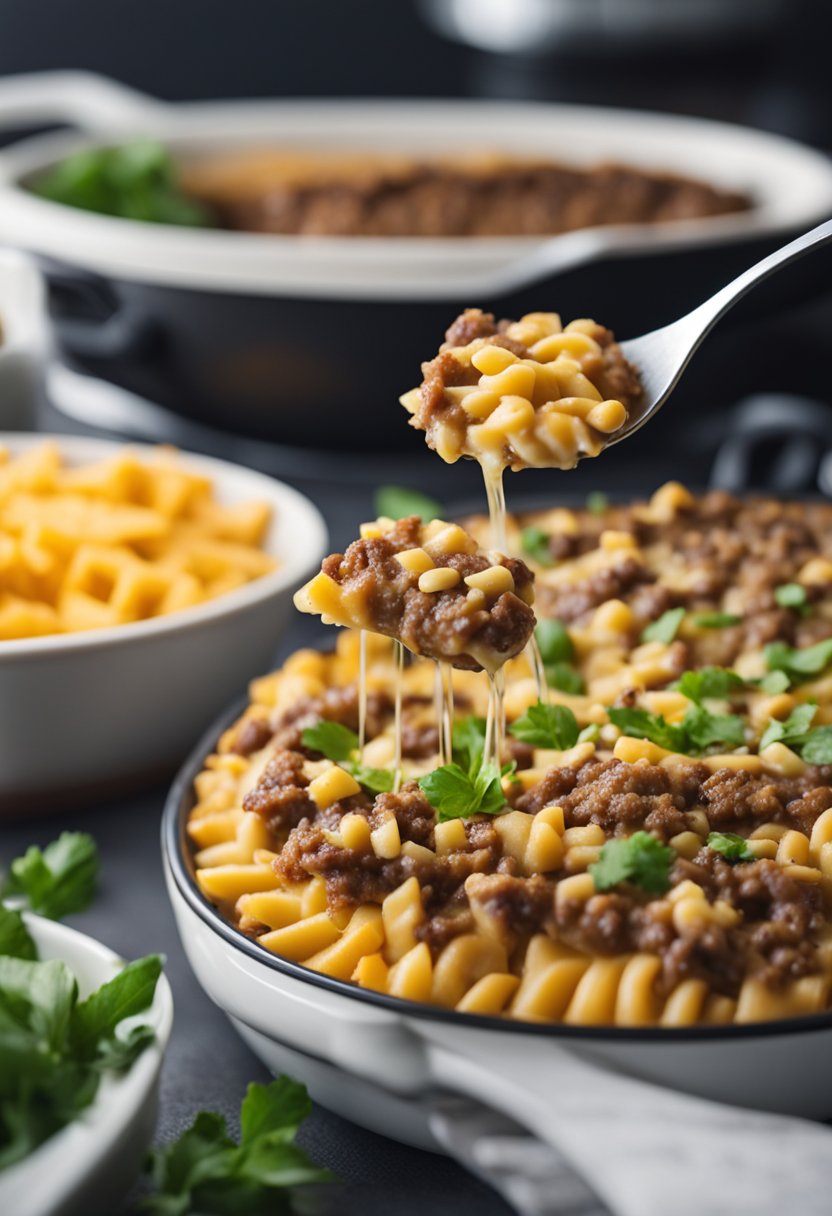 A keto hamburger casserole being prepared with low-carb ingredients in a modern kitchen