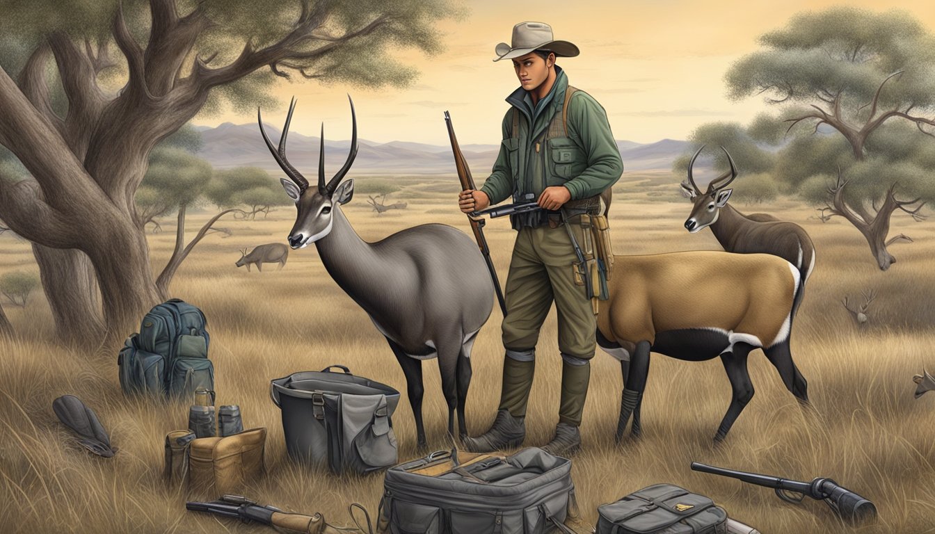 A hunter cleans and dresses a Texas nilgai antelope, surrounded by hunting gear and the open landscape