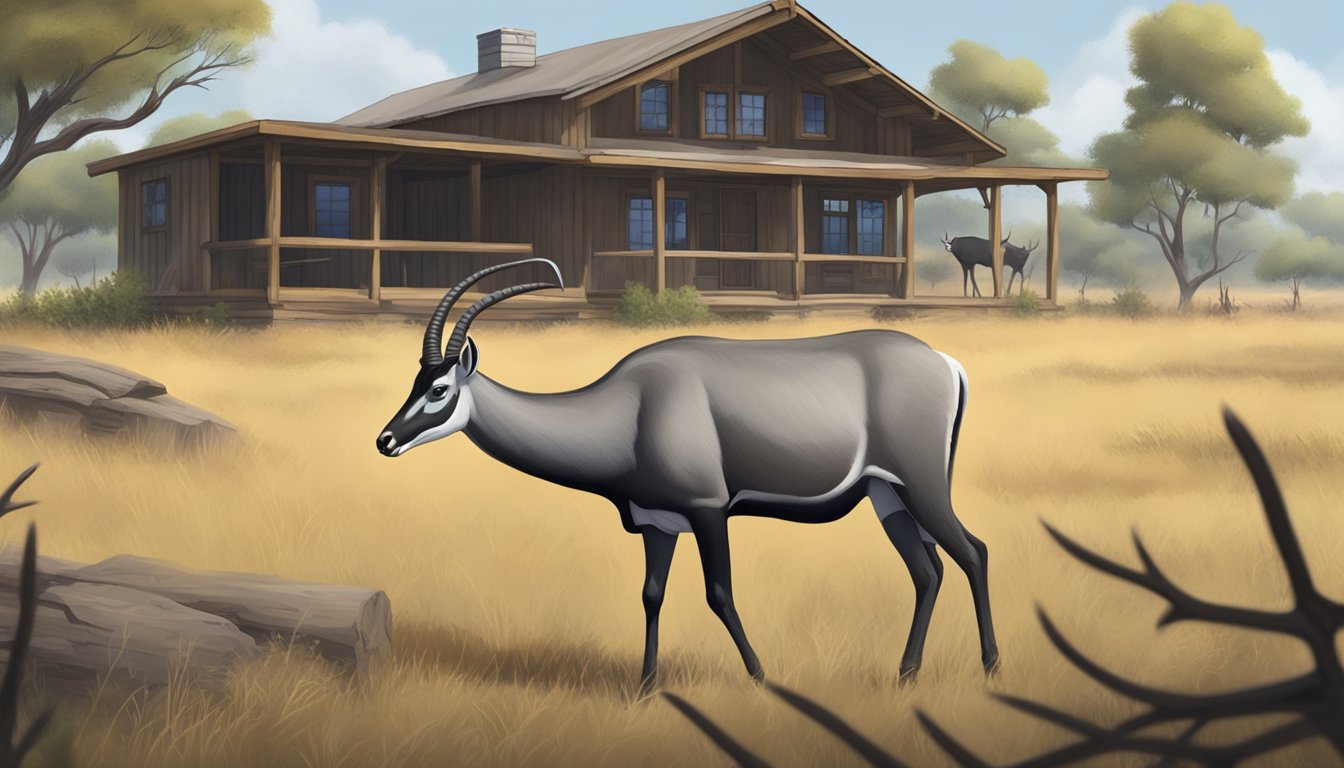 A lone nilgai antelope grazing in the Texas wilderness, surrounded by rustic accommodations and hunting amenities