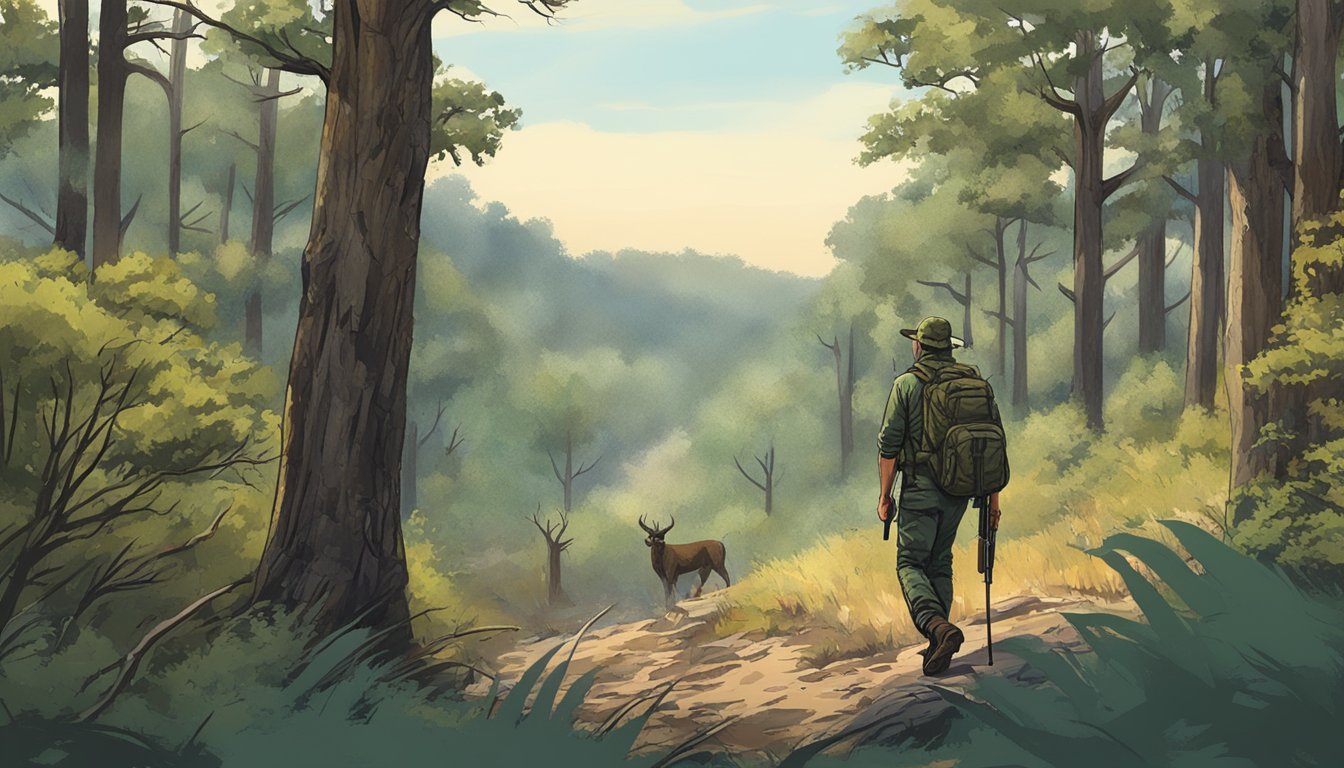 A lone hunter trekking through a dense Texas forest, rifle in hand, scanning the landscape for the best places to hunt