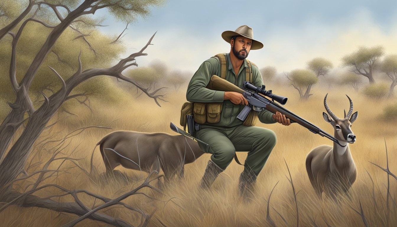 A hunter silently tracks a Texas nilgai antelope through the brush, rifle at the ready