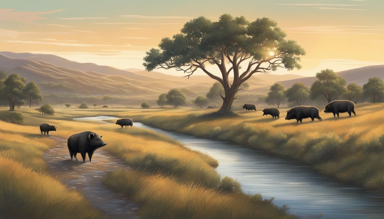 Rolling hills, scattered trees, and a winding river cut through the expansive Dos Plumas Hunting Ranch in Texas. Wild hogs roam freely in the open landscape