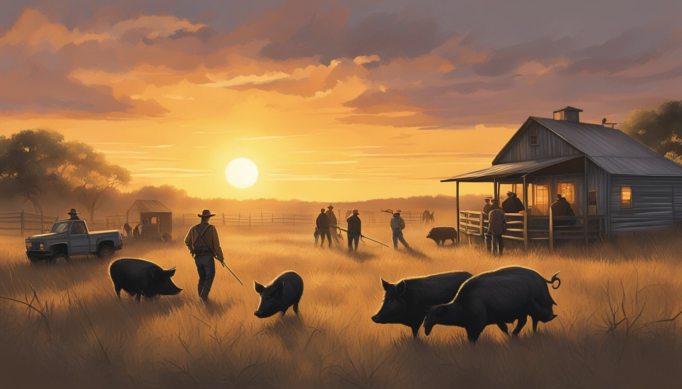 The sun sets over a rustic Texas hog hunting ranch, as hunters process their game, surrounded by rolling hills and a sense of accomplishment