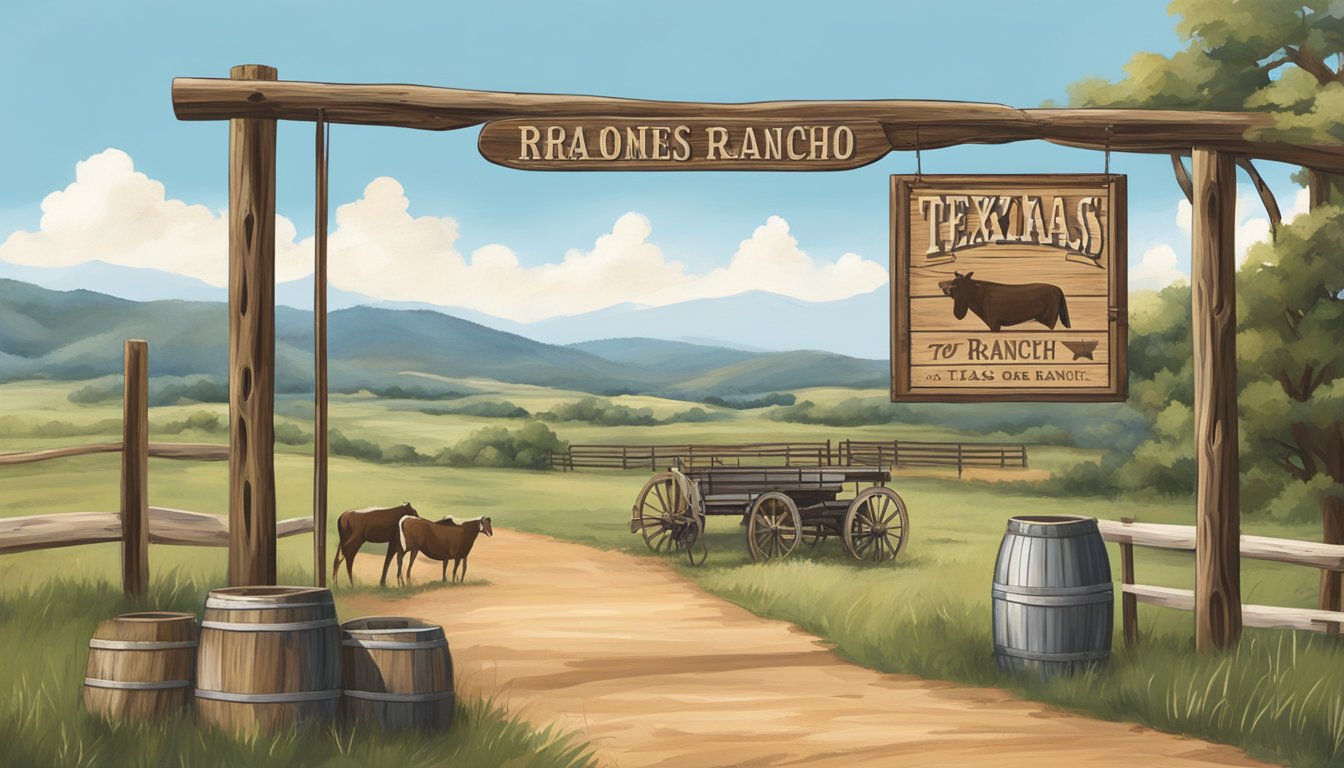 A rustic sign welcomes visitors to a Texas ranch, surrounded by rolling hills and a clear blue sky. Various pricing and offers are displayed on the sign