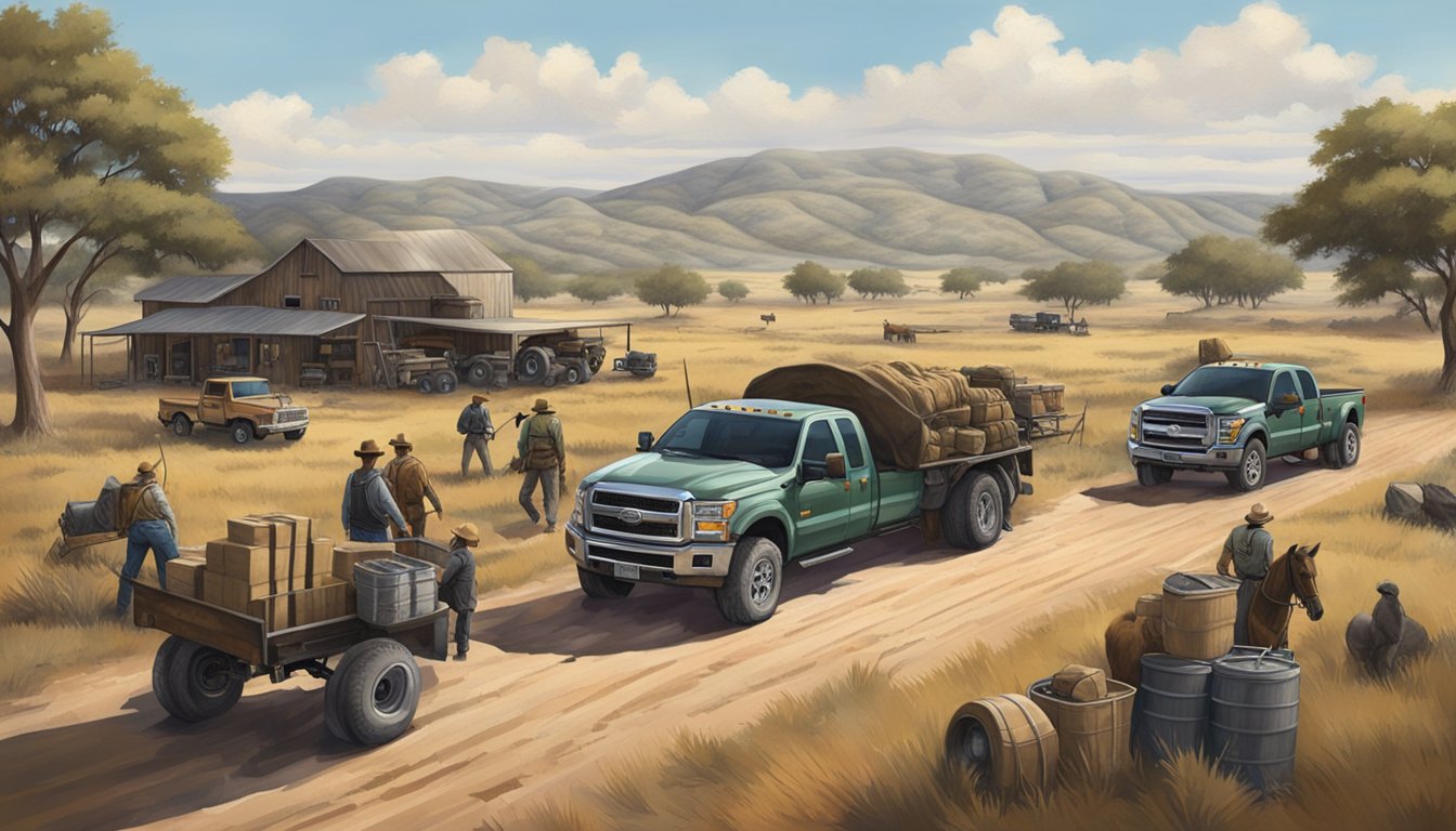 A group of hunters gather gear and load trucks at a rustic Texas ranch, surrounded by rolling hills and scrubland