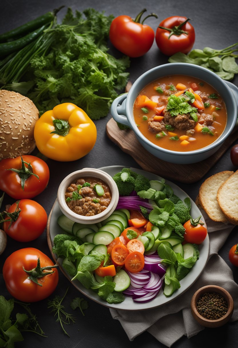 A steaming bowl of keto hamburger soup surrounded by colorful vegetables and herbs