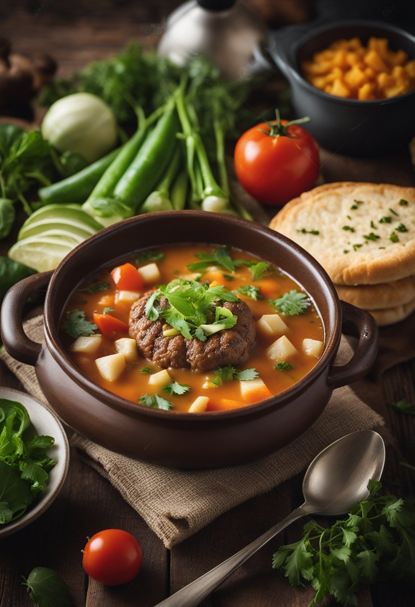 A steaming bowl of keto hamburger soup surrounded by fresh vegetables and herbs on a rustic wooden table