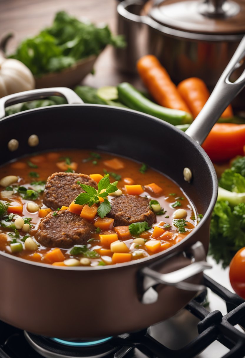 A pot of keto hamburger soup simmers on a stovetop, surrounded by fresh vegetables, herbs, and spices. A ladle rests on the edge of the pot