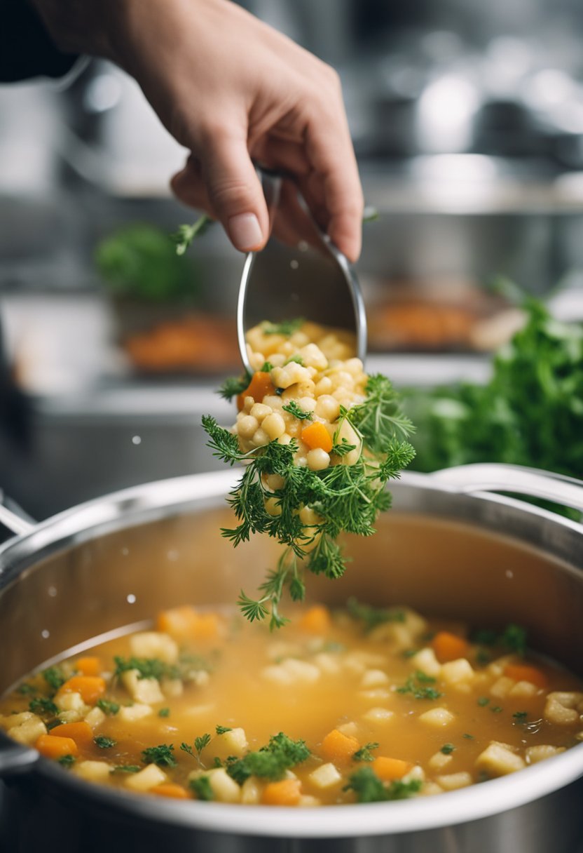 Fresh herbs and spices being sprinkled into a simmering pot of keto hamburger soup. Steam rising, rich aroma filling the kitchen