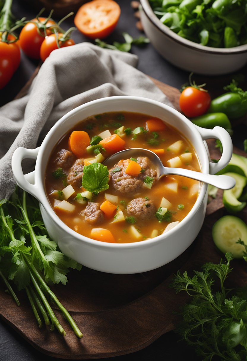 A steaming bowl of keto hamburger soup surrounded by fresh vegetables and herbs, with a spoon resting on the side