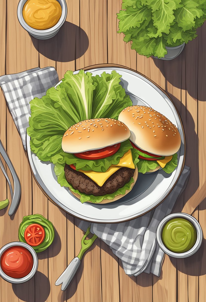 A plate with keto hamburger buns surrounded by lettuce, tomato, and pickles on a wooden table