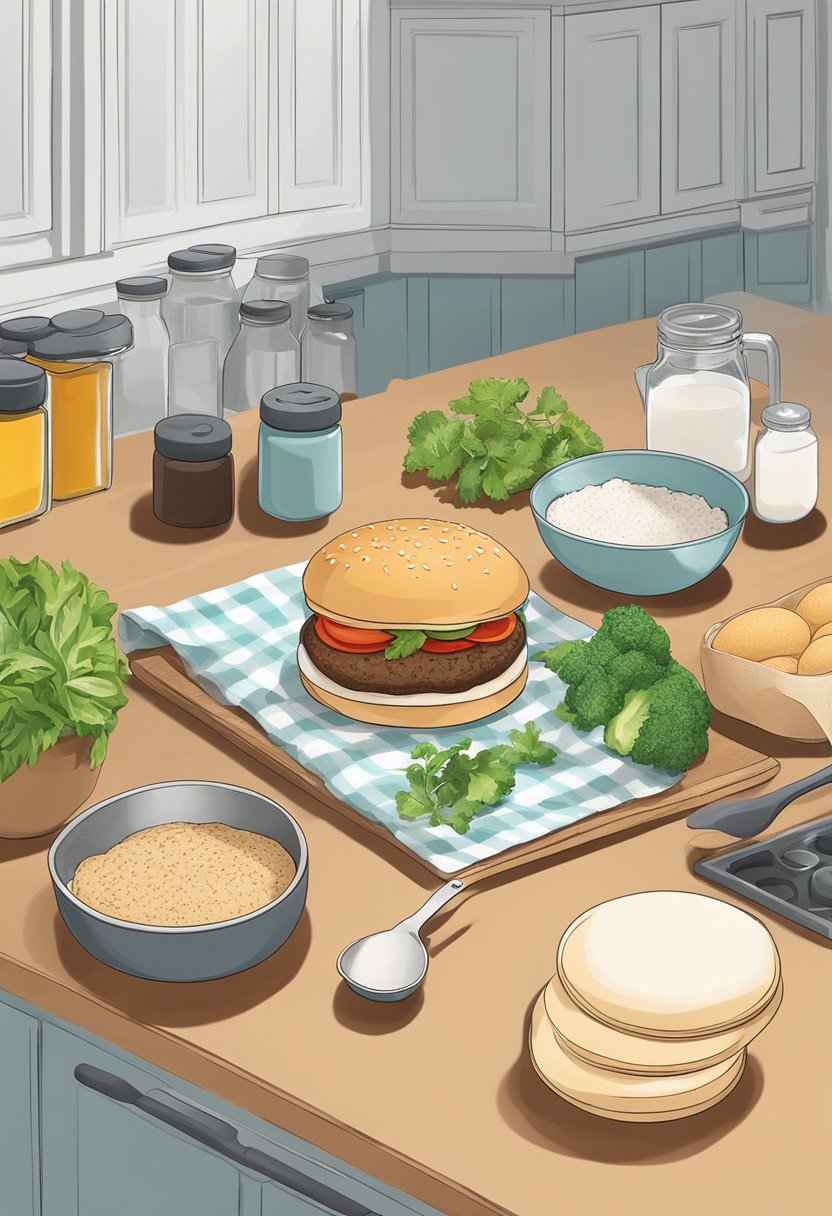 A kitchen counter with ingredients and utensils for making keto hamburger buns