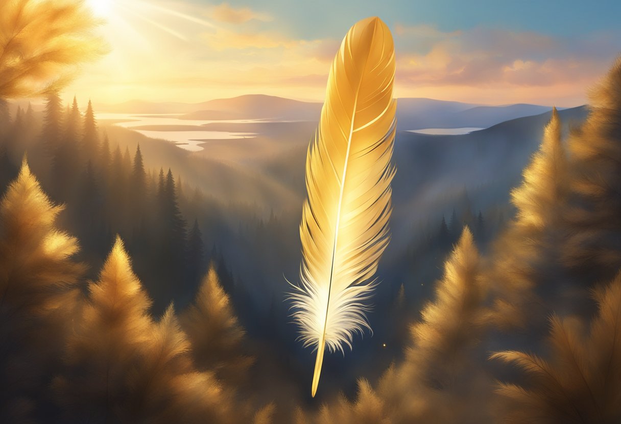 A glowing feather falls from the sky, surrounded by a soft, golden light