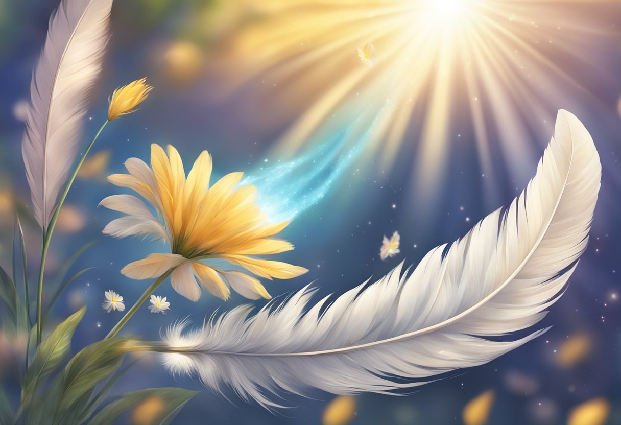 A radiant halo of light encircles a feather floating gently down from the sky, as a soft breeze carries the sweet scent of flowers