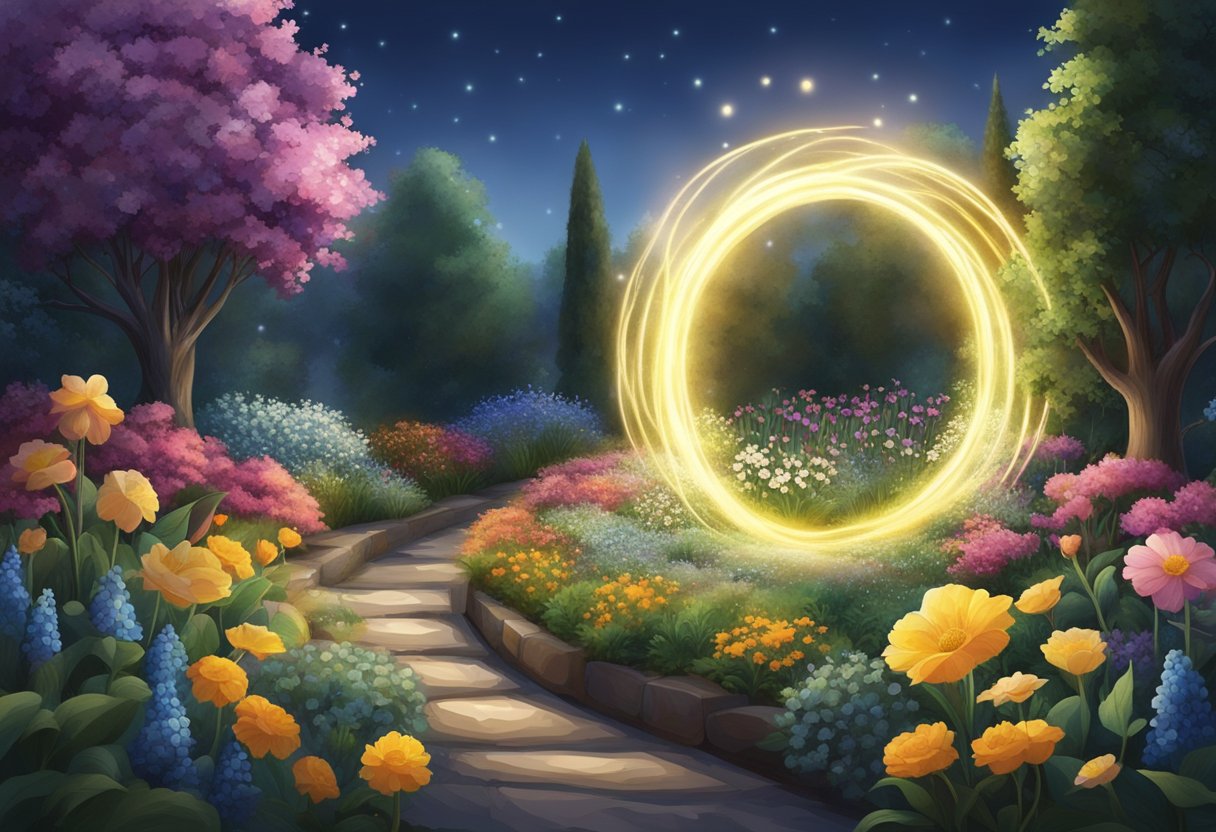 A glowing halo of light encircles a blooming garden, with flowers and plants thriving in its presence