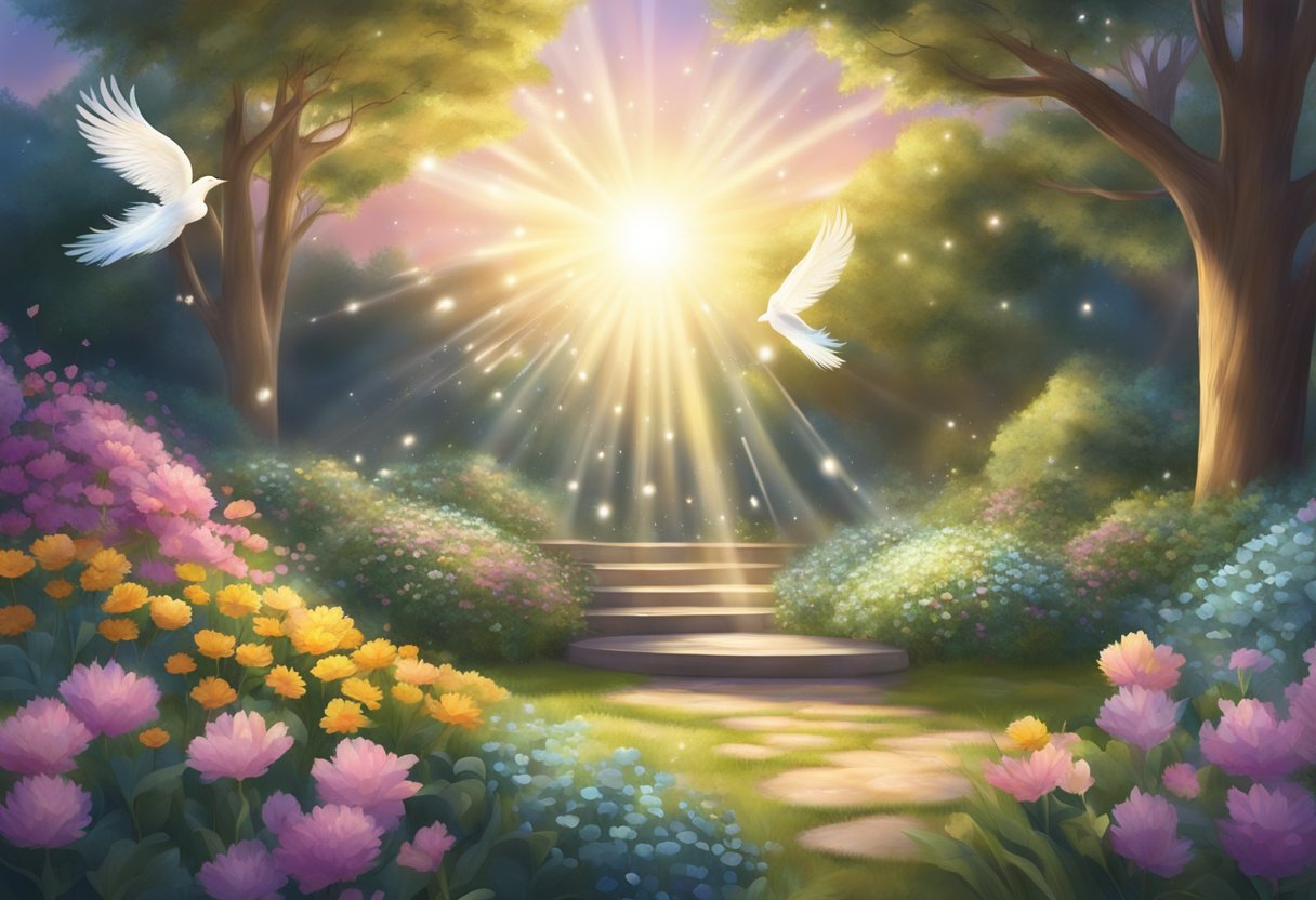 A glowing halo of light casts a radiant aura around a peaceful garden, with shimmering feathers gently falling from the sky