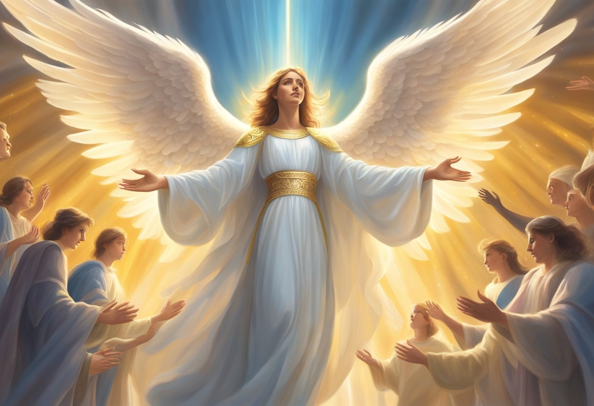 An angelic figure with outstretched wings, surrounded by glowing light, appears before a group of people