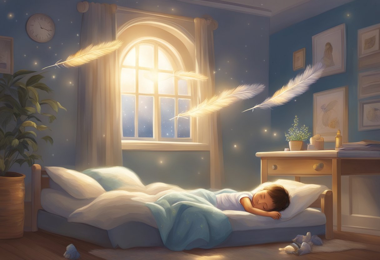 A glowing halo of light surrounds a sleeping child, with shimmering feathers scattered around the room