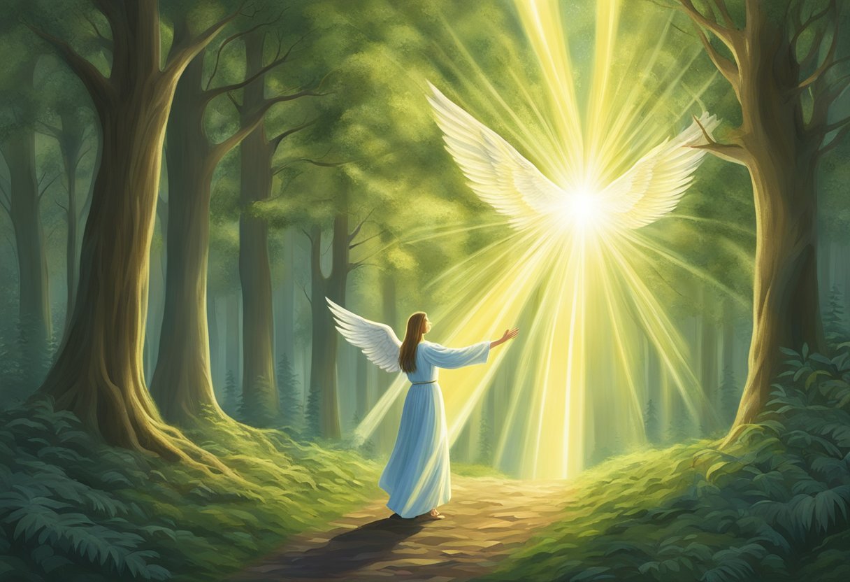 A glowing angelic figure hovers above, pointing towards two diverging paths in a forest clearing. The light radiating from the angel illuminates the surrounding trees