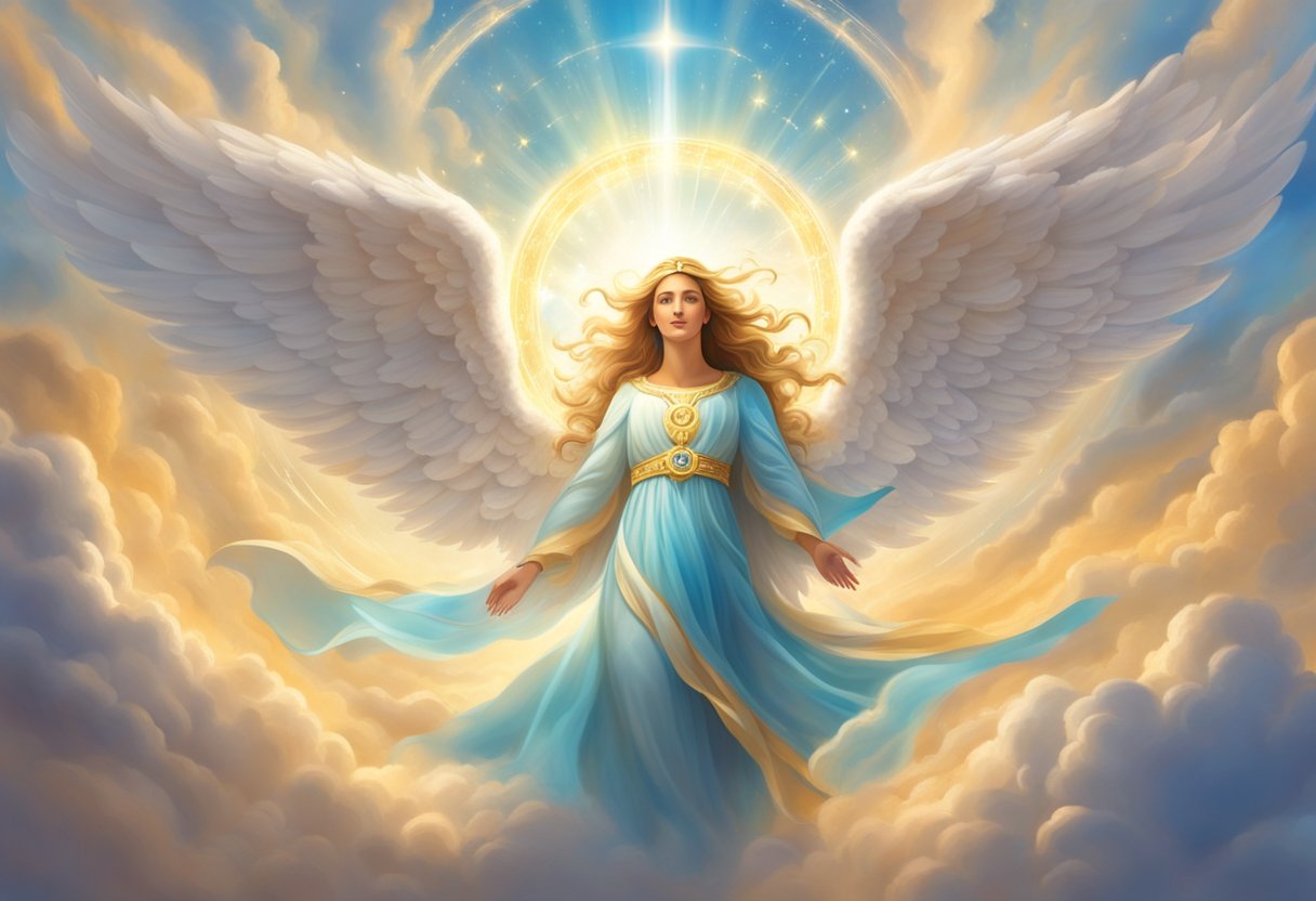 A radiant angel hovers above, surrounded by swirling clouds and glowing symbols, emanating a sense of divine guidance and protection