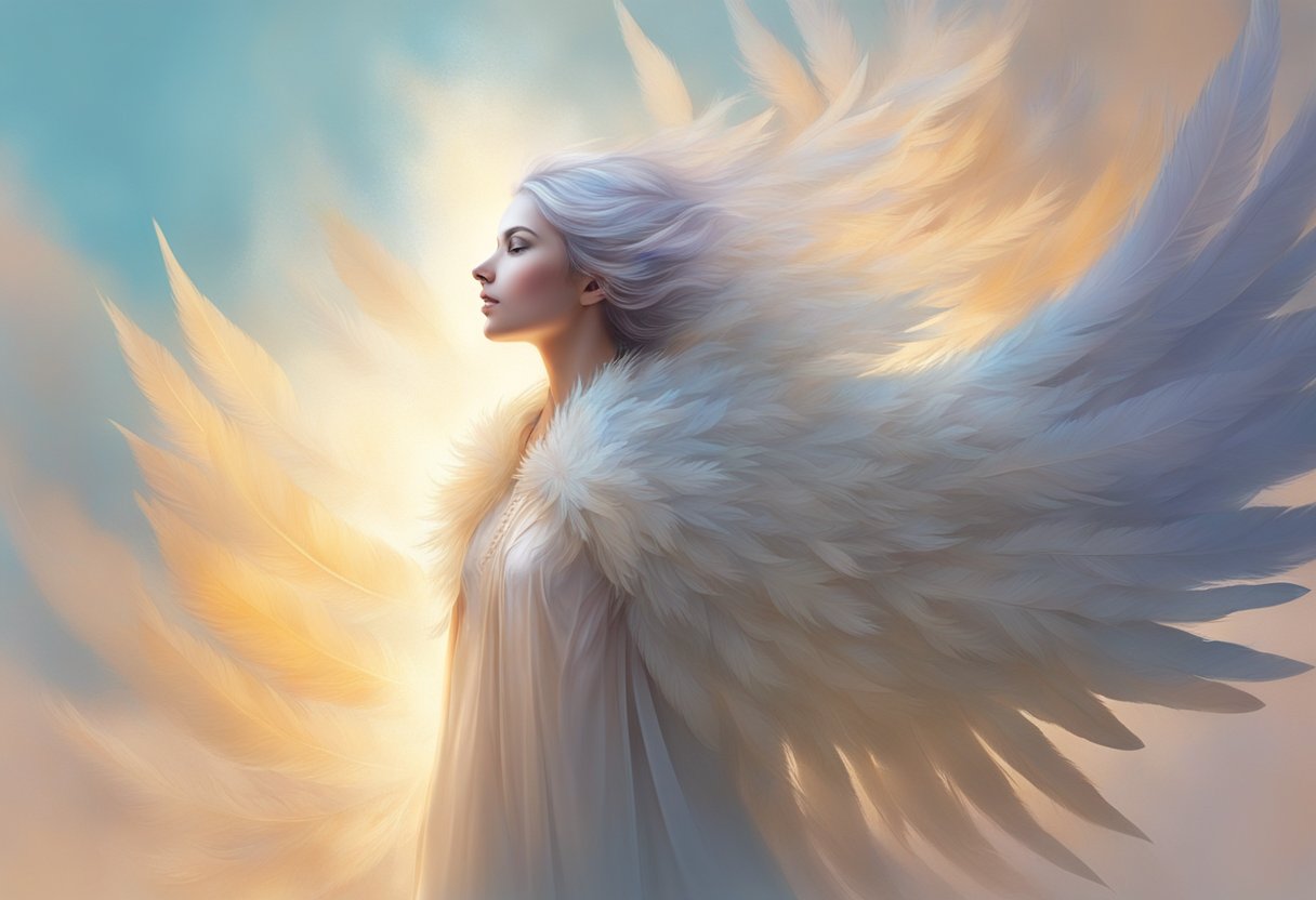 A figure bathed in ethereal light, surrounded by gentle feathers and a glowing aura, gazes upward with a sense of wonder and reverence