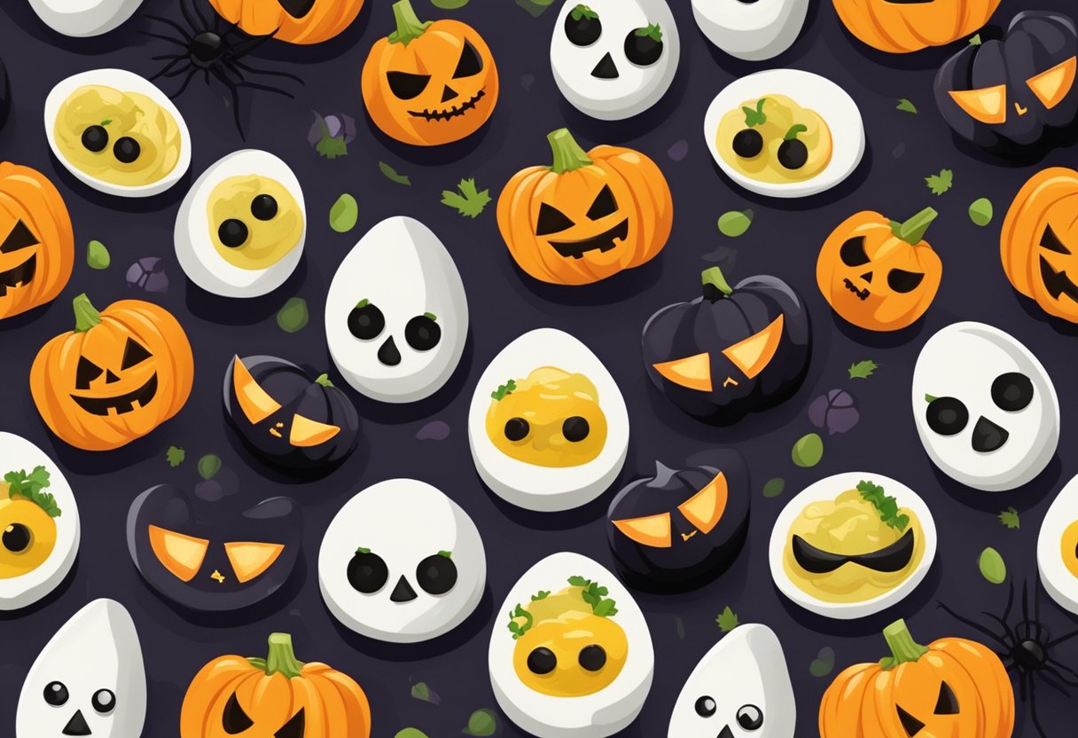 A platter of Halloween deviled eggs with spooky faces and garnishes