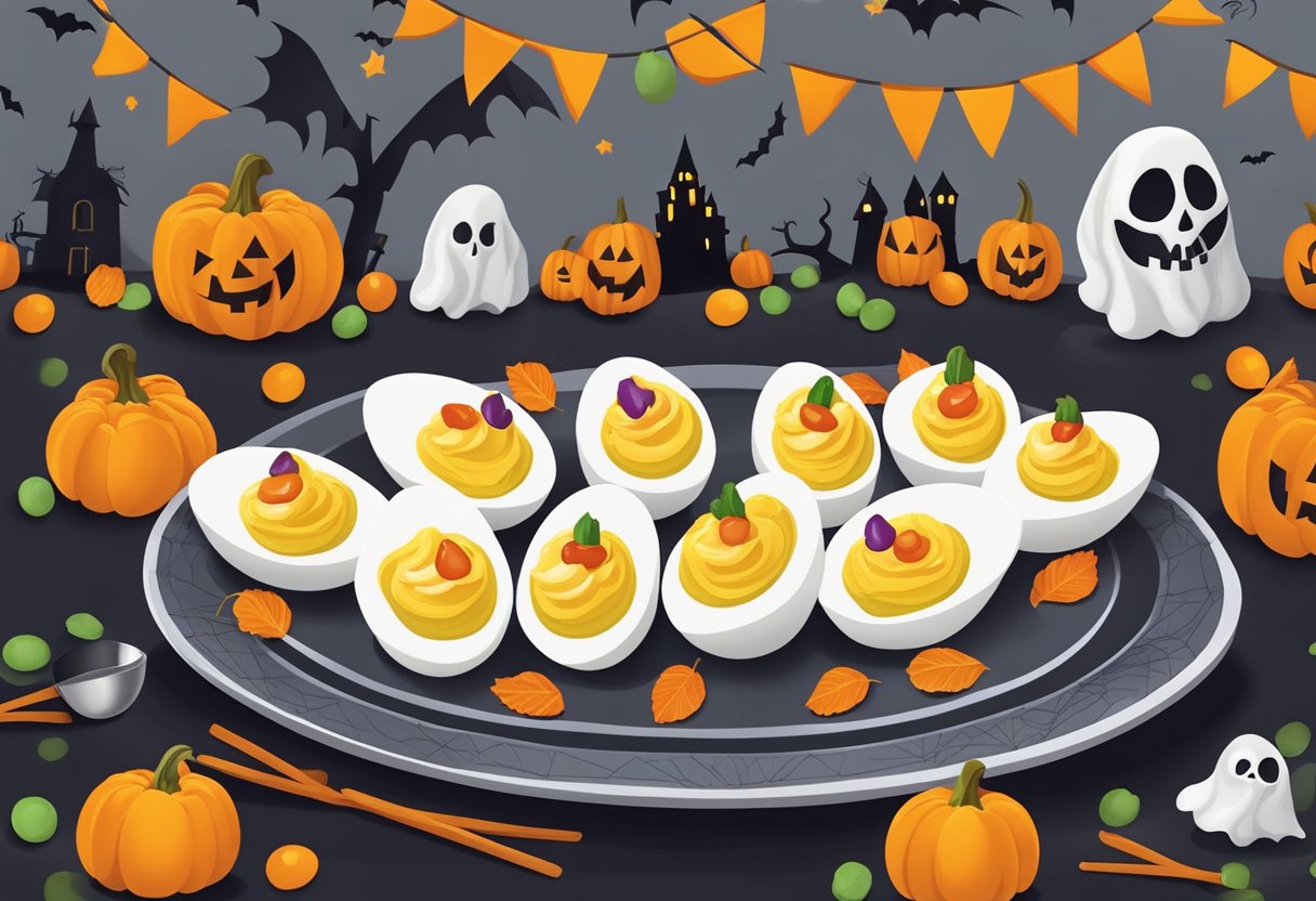 A platter of deviled eggs with Halloween-themed decorations and toppings