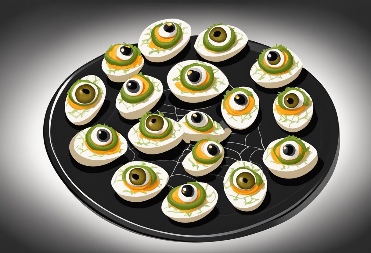 A platter of Halloween deviled eggs, decorated with spider web designs and topped with olive "eyeballs," sits on a black serving dish