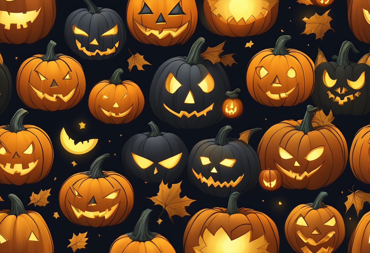 A group of carved pumpkins with various designs, including spooky faces, bats, and witches, illuminated by candles on a dark Halloween night