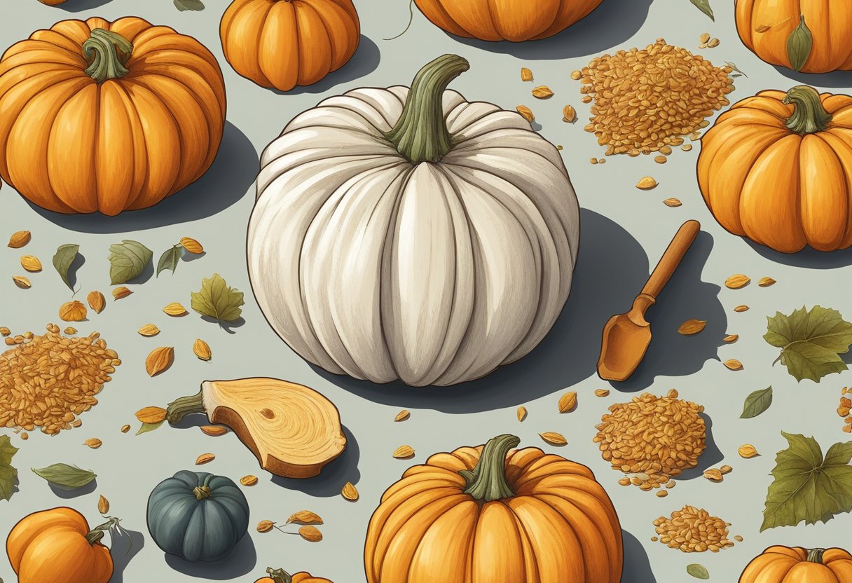 A pumpkin being carved with traditional tools, surrounded by scattered seeds and pulp