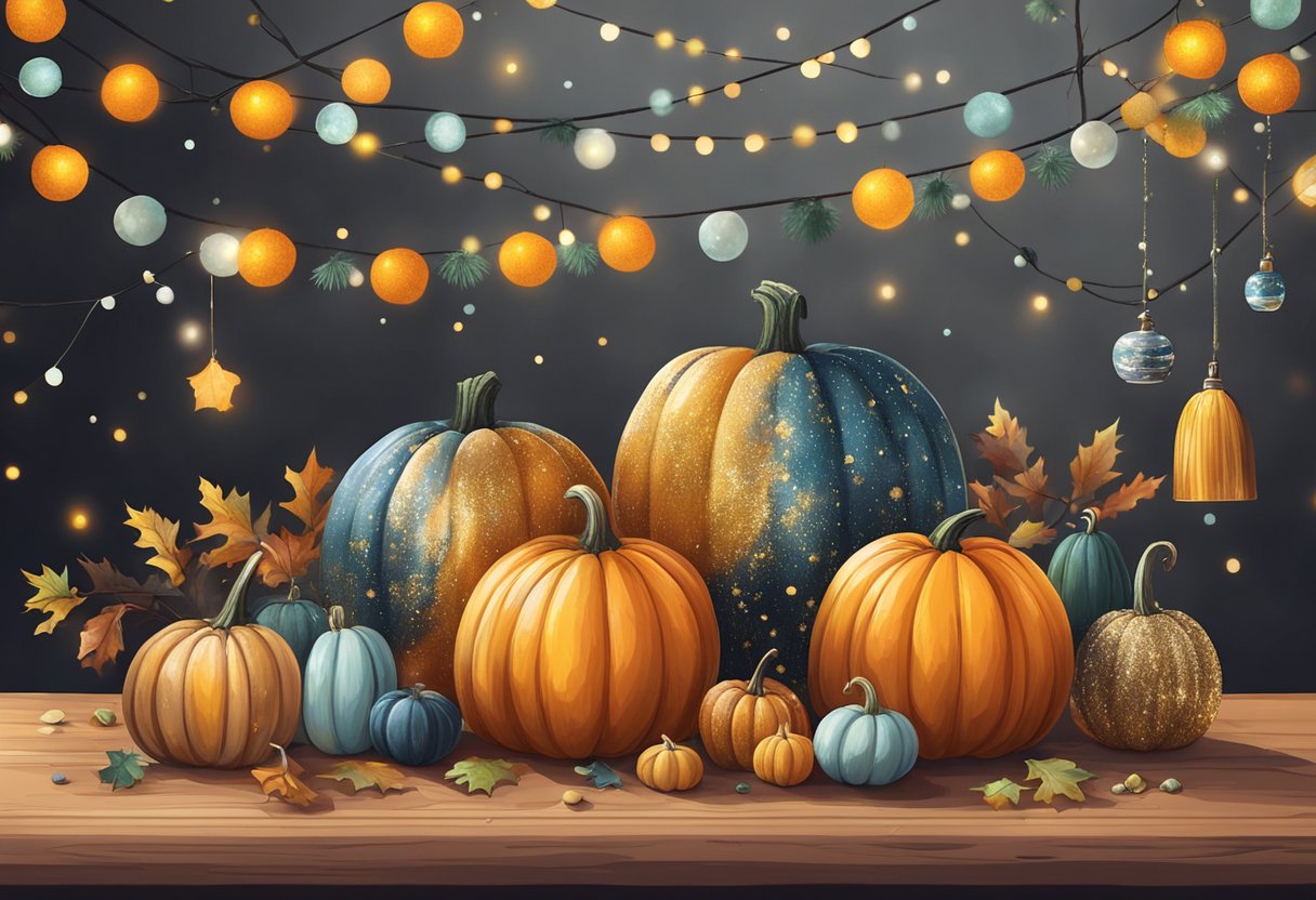 A group of pumpkins decorated with paint, glitter, and various craft materials, displayed on a table with festive Halloween decorations