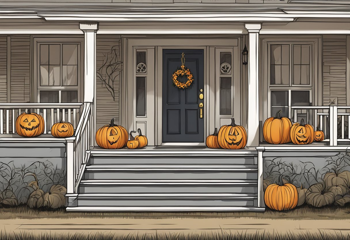 A collection of carved pumpkins displayed on a front porch, each one uniquely designed with intricate patterns and spooky faces for Halloween